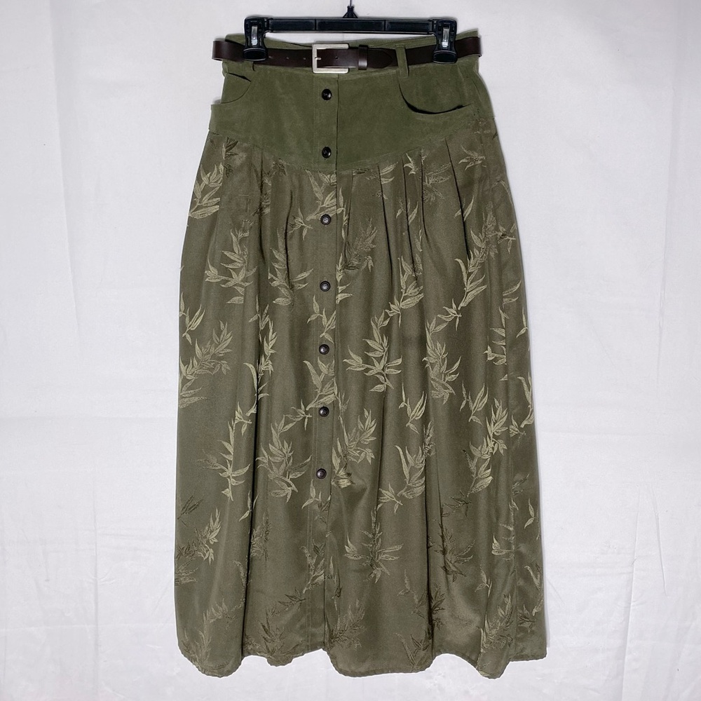 Vintage Together Olive Green Belted Button Front Midi Skirt 8 Boho Cottagecore